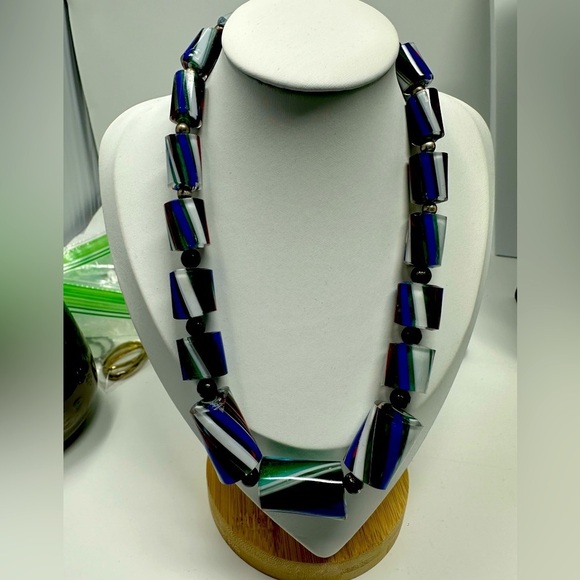 Jewelry - Green, Red & Blue Strip Cain Glass Bead Necklace